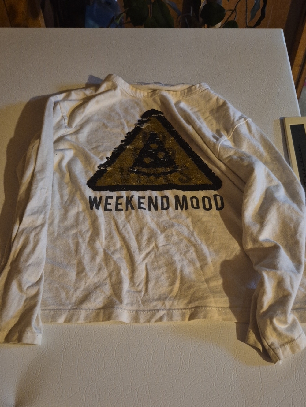 Zara Cream Long Sleeve Tee with Gold & Black Sequin 'Weekend Mood'
